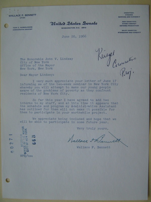 SIGNED letter UTAH Senator WALLACE BENNETT genuine VINTAGE to John Lindsay 1966