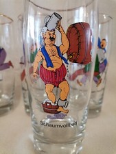 4 x Bier Glas Krug Bayrisch  Bar Deko 70er 0,5 L Motive Gold Rand  Unbenutzt