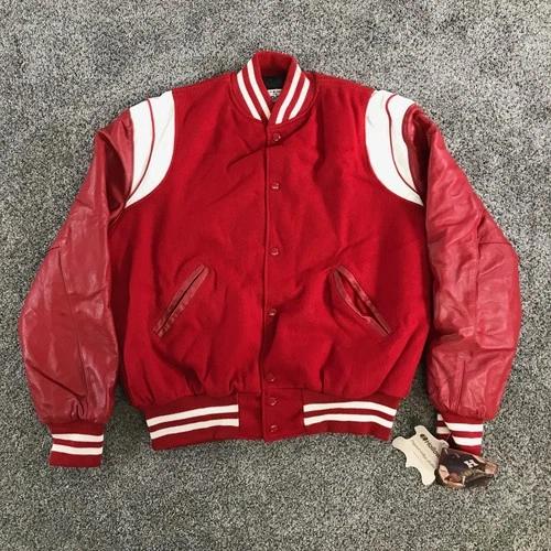 Vintage Holloway Varsity Jacket Mens Medium Red White Leather Quilted Snaps - product listing photo