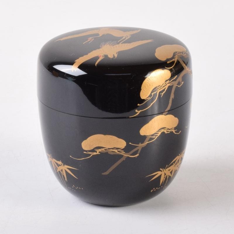Japanese Tea Caddy Natsume Shochiku Makie Pine and Crane Design by Kasho w/Box