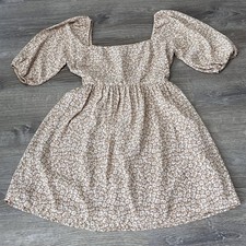 Forever 21 Women’s Camel Ditsy Floral Zip Dress Size Small Square Neck Tie Back 