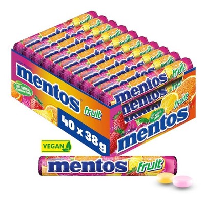 Mentos Fruit Dragees, Frucht-Bonbons mit Orange, Zitrone, Erdbeere, 40 Rollen