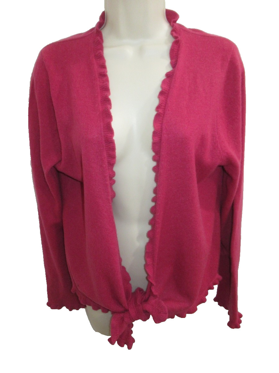 Garnet Hill 100% Cashmere Pink Open or Tie Front Ruffle Edge Cardigan Size M