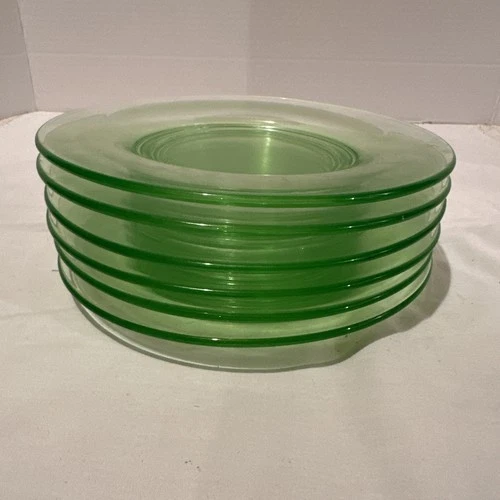 Vintage Uranium Depression Glass Plates Saucers Dishes set of 6 Glow 8”