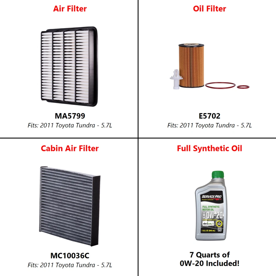 2011 Toyota Tundra 5.7L Complete Oil, Air & Cabin Filter Kit (0W-20) Foto 2 de 4