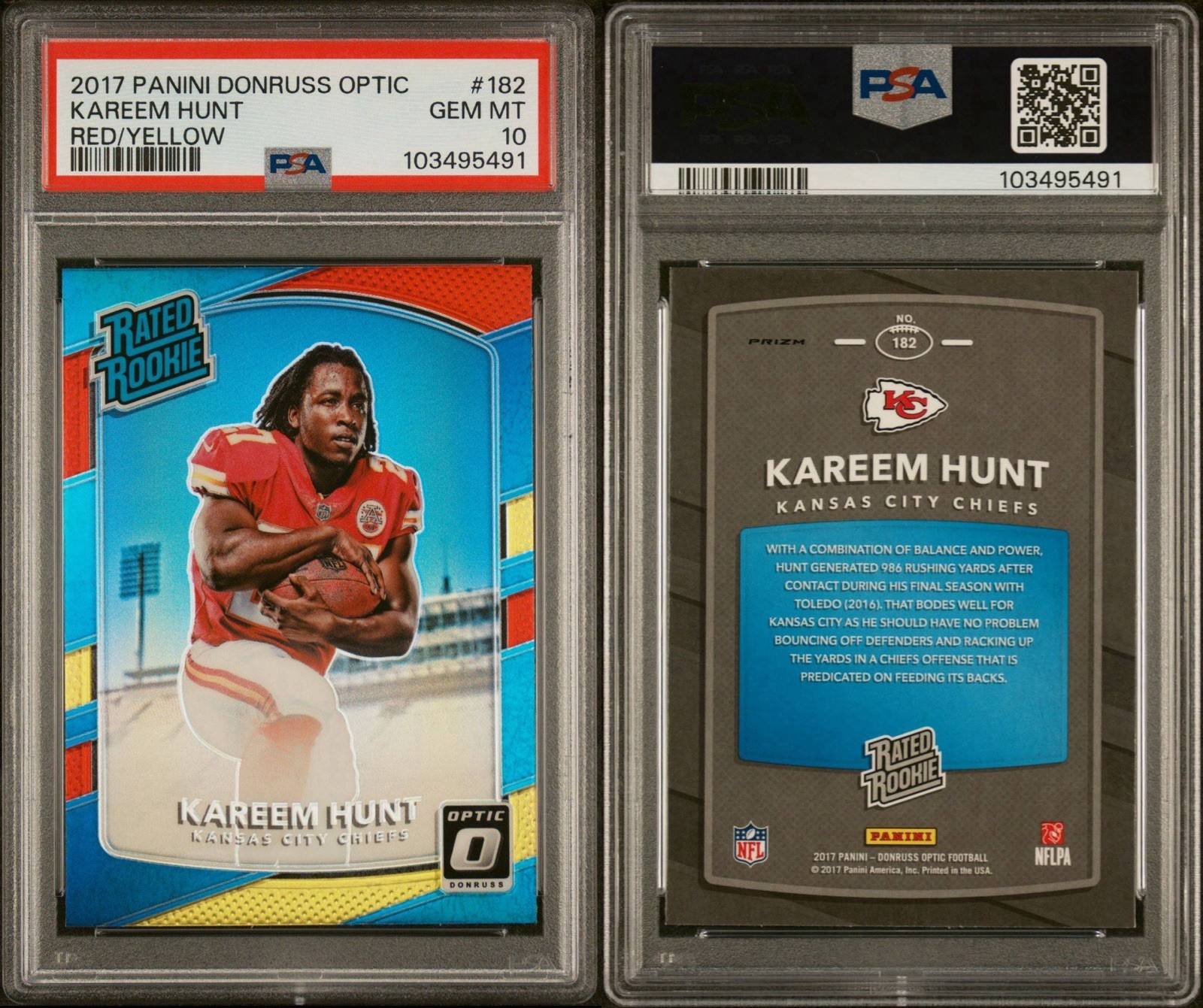 2017 Donruss Optic - Rated Rookie Kareem Hunt #182 Red and Yellow Prizm PSA 10