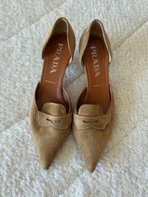 Prada Women's Kitten Heels Size 35 1/2 Gold Tan Brown Suede