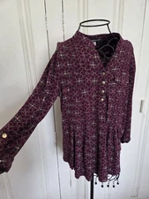 Christopher Banks Purple Button Long-Sleeve Patterned Tunic Ruffle Waist Blouse