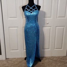 Adrianna Papell Women's Blue Sequin Cross Strap Front Maxi Dress Size 6P Slit