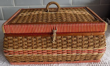 Vintage Woven Plastic & Wicker Sewing Basket With Satin Lining & Contents