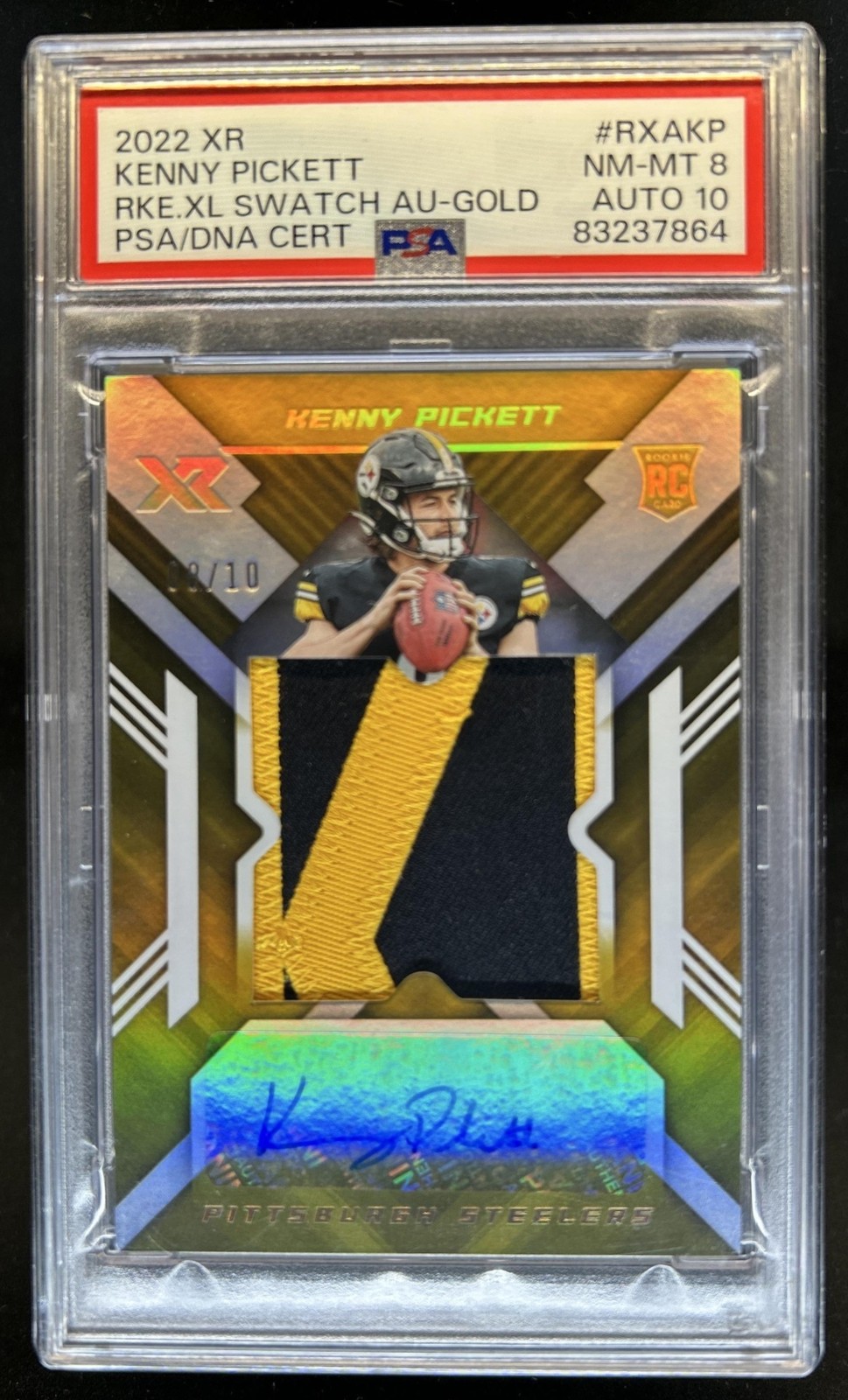 2022 Panini XR Kenny Pickett Rookie XL Swatch Auto RC Patch Gold #/10 PSA 8
