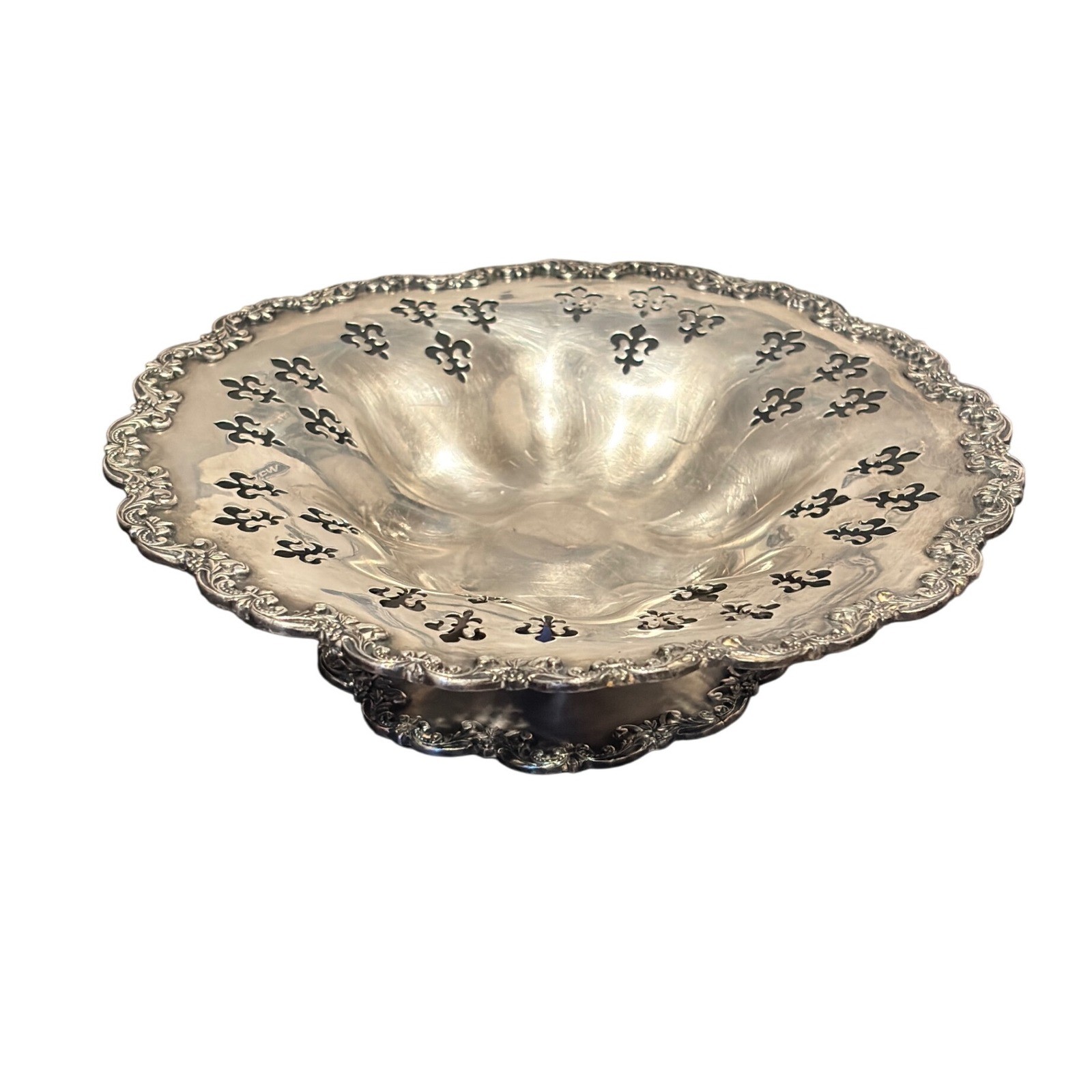 Vintage Silver Plated Footed Compote Bowl Fleur de Lis Cutout Ornate Pedestal