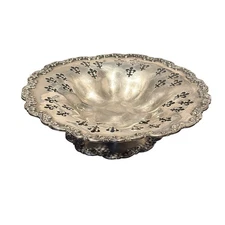 Vintage Silver Plated Footed Compote Bowl Fleur de Lis Cutout Ornate Pedestal