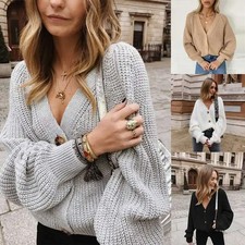 Autumn Casual Loose Knit Jacket Simple Solid Color V-neck Button Up Cardigan