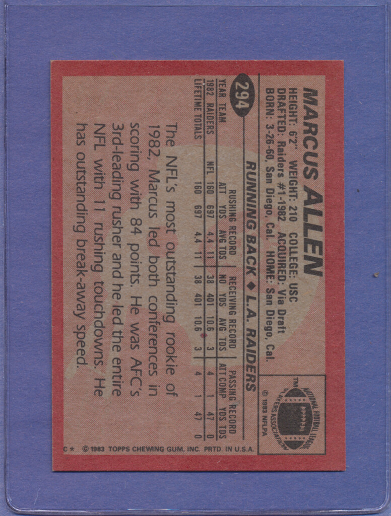 1983 Topps Marcus Allen #294 HOF RC Oakland Raiders Rookie MINT+ STUNNER