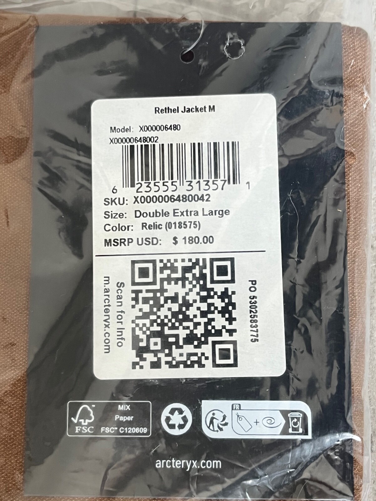 ARC'TERYX Giacca DWR Arc’teryx Relic marrone Rethel con zip nuova con etichette taglia XXL $180