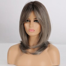 Ombre Dark Grey Blond Wig with Bangs Shoulder Length Layered Bob Glueless Wigs