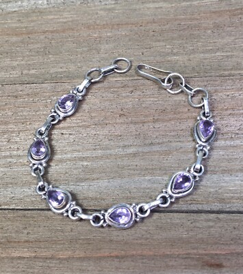 Vtg Tested Sterling Silver Amethyst Tennis Link Bracelet Handmade 7.75  Teardrop