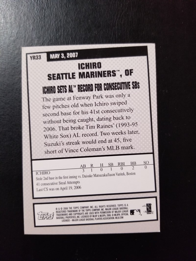 ICHIRO 2008 TOPPS YEAR IN REVIEW BASEBALL CARD #YR33 SEATTLE