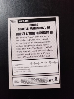 ICHIRO 2008 TOPPS YEAR IN REVIEW BASEBALL CARD #YR33 SEATTLE