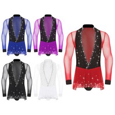 Men Bodysuit Patchwork Leotard Peplum Jumpsuit Color Block Samba Worship Salsa