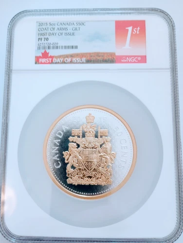 2015 5oz Canada S50C Coat of Arms Gilt NGC PF70 FDOI population (29)