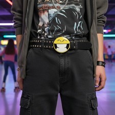 Women Belt Buckle Silver Metal Yellow Smiley Face Eyes Cute Fun Emoji 80's Style