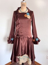 Antique 1920s Art Deco Cocoa Silk Dress Aqua Ochre Embroidered Medallions Sun