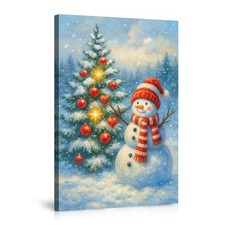 Snowman Christmas Tree Winter Wall Art Canvas Poster Festive Holiday Decor