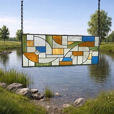 Stained glass window panel geometric abstract earth tone colors 25 1/2 x 10