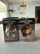 Lot of 2 Vintage  JASCO CARING CRITTER CHIMERS Bisque Porcelain Bell Ornaments 