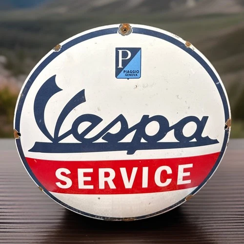 Vintage 12” VESPA SERVICE Porcelain Enamel Metal Dealer Domed Sign