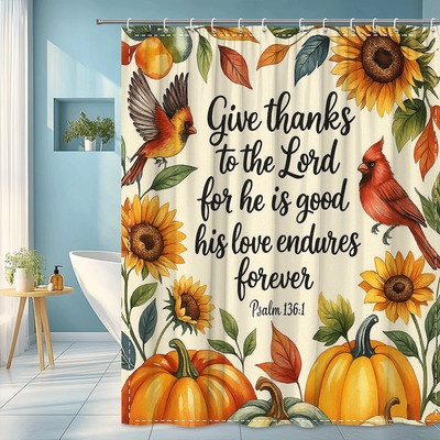 Give Thanks Psalm 136 Scripture Shower Curtain Fall Sunflower Pumpkin Bathroom D