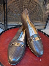 Ferragamo Brown Lizard-Embossed Leather Loafers Gold Bit 6C Boutique Line Italy
