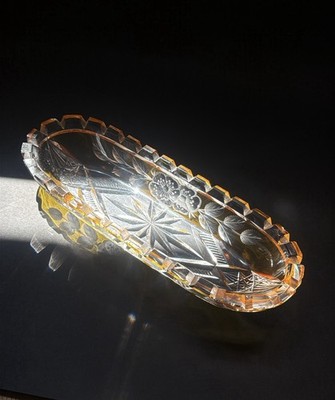 Vintage Amber Cut Crystal Candy Dish / Bohemian Crystal Bowl with Floral Etching