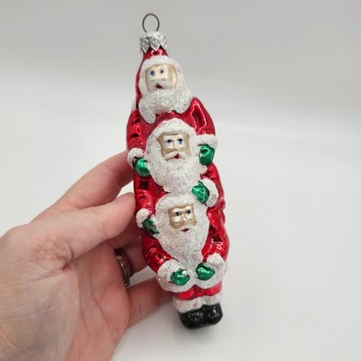 Vintage Blown Glass Stacked 3 Santa Totem Ornament Red Glitter Polish Style