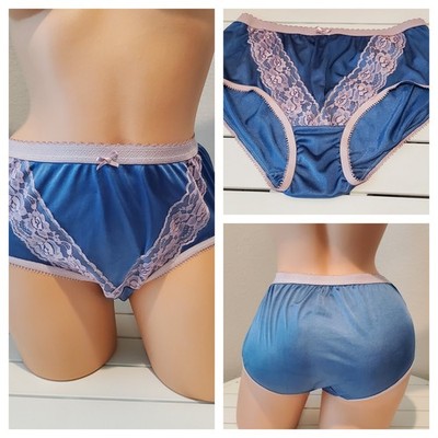 Shiny Double Nylon LACE Silky Granny Panty Full Cut Silky 6/M Crushed Iceberry