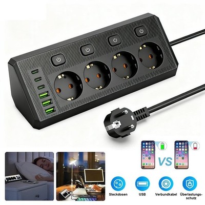 Steckdosenleiste 6-Fach 3 USB 3C Mehrfachsteckdose mit Flachstecker und Schalter