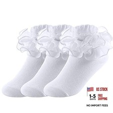 Big Girls Lace Socks Shimmering Cute Ruffle Comfortable 8-10 Years White