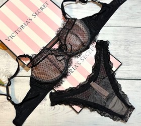Victoria's Secret Dream Angels Unlined Balconette Bra Brazilian Set Black