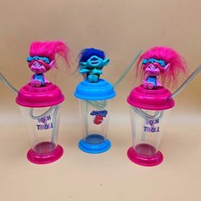 Set of 3 Hilco Trolls Rock N Roll Plastic Tumbler Cups with Straws and Figures