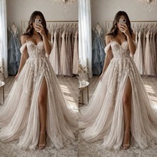 Beach Wedding Dresses Off Shoulder Flower Appliques Boho Side Slit Bridal Gowns
