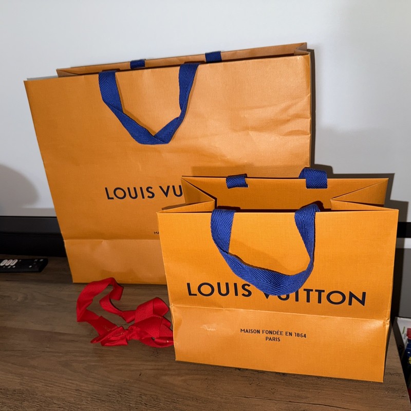 2 LOUIS VUITTON Large & Small Paper Gift Shopping Bags 15 x 13 x 6, 10 x 8 x 6