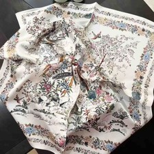 100 Mulberry Silk 27" Square Scarf Women Neckerchief Bandana White Flower Birds