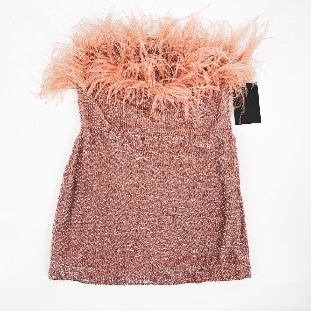 Retrofete Torin Ostrich Feather Sequin Strapless Mini Dress Dusty Peach Pink  | eBay