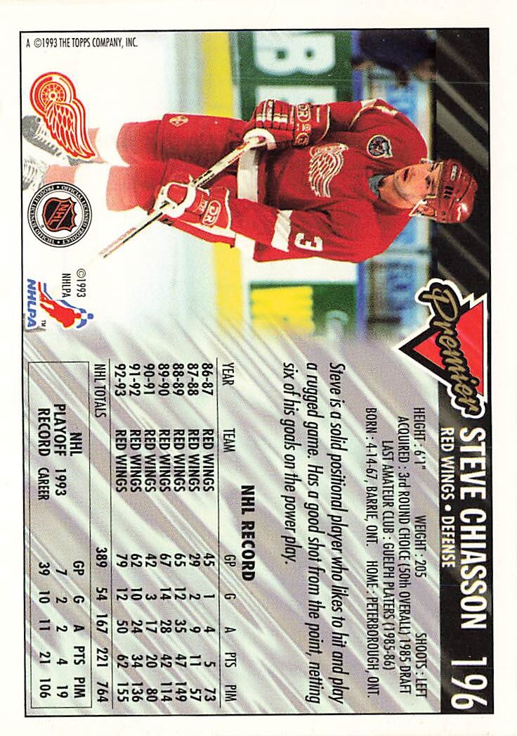 1993 Topps Premier #196 Steve Chiasson Detroit Red Wings | eBay