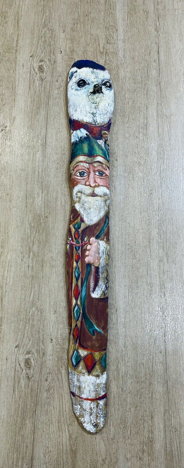 1996 Hand-Painted Driftwood Santa with 3D Polar Bear Art 47in by Connie S