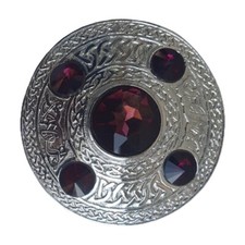 Scottish Kilt Fly Plaid Brooch Metal Chrome Finish 5 Maroon Stones
