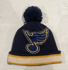 Reebok St Louis Blues Beanie Hat OSFM Pom Pom NHL Hockey Blue Yellow