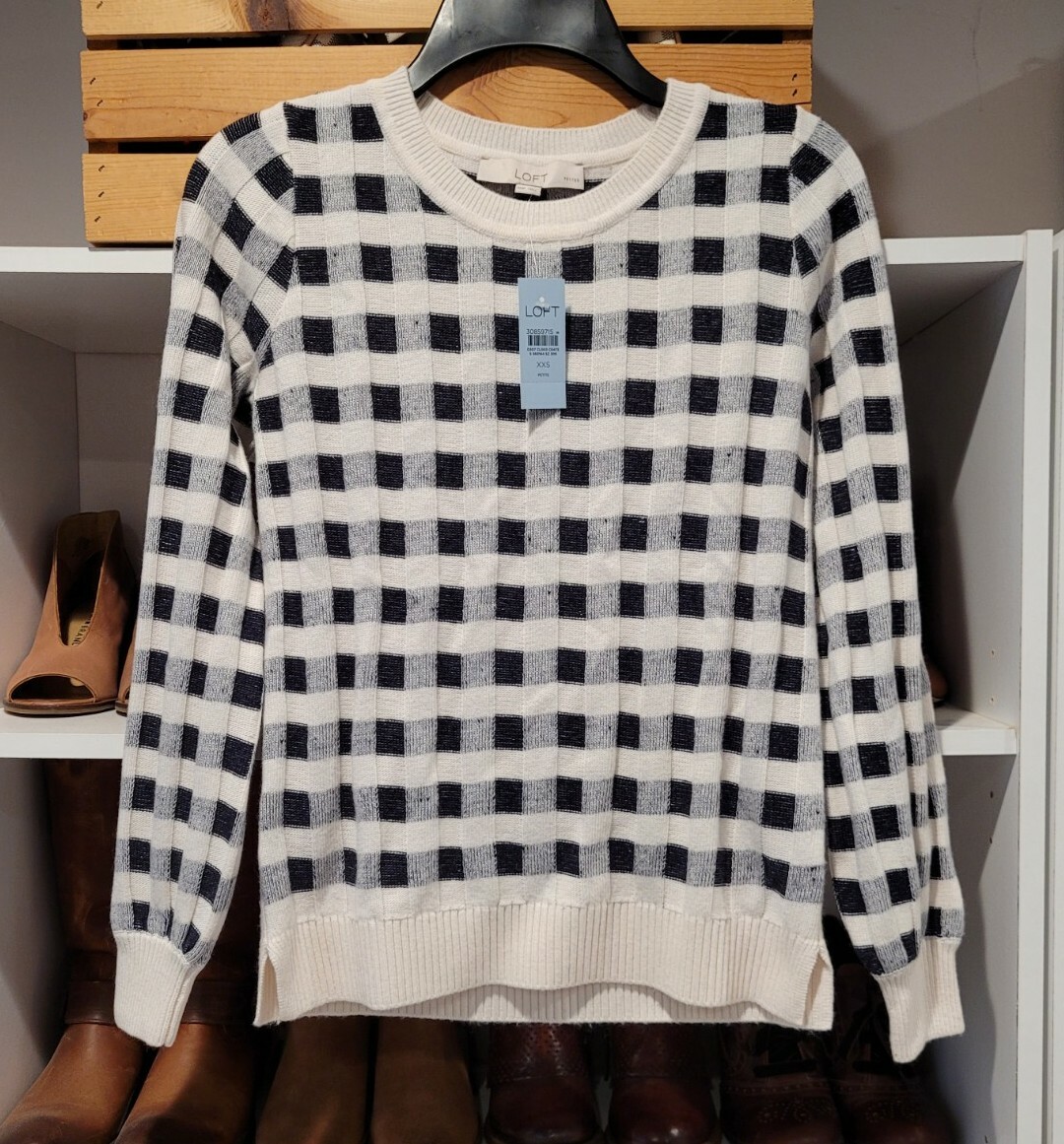 Ann Taylor Loft Black White Plaid Sweater Sz XXS Petite Puff